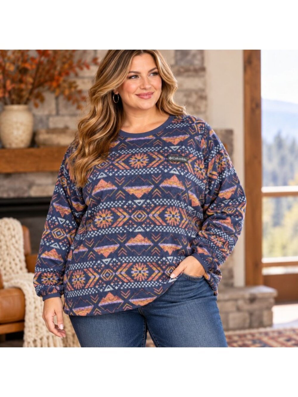 Columbia Womens 2X Fleece Pullover Southwestern Geometric Print Crewneck